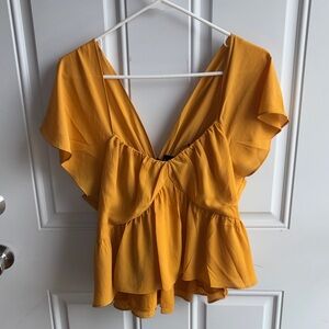 Express Mustard Yellow Flutter Sleeve V-Neck Peplum Top